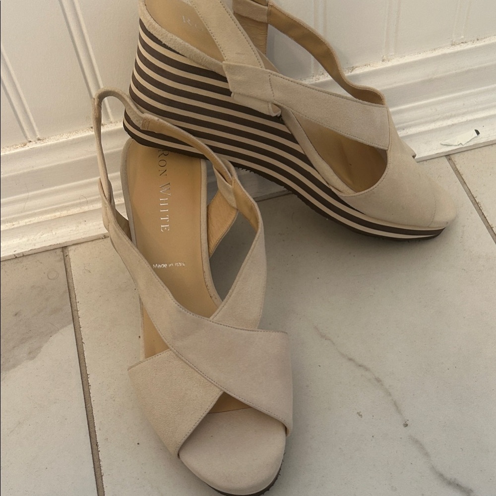 Ron White Cream and Brown Striped Wedges